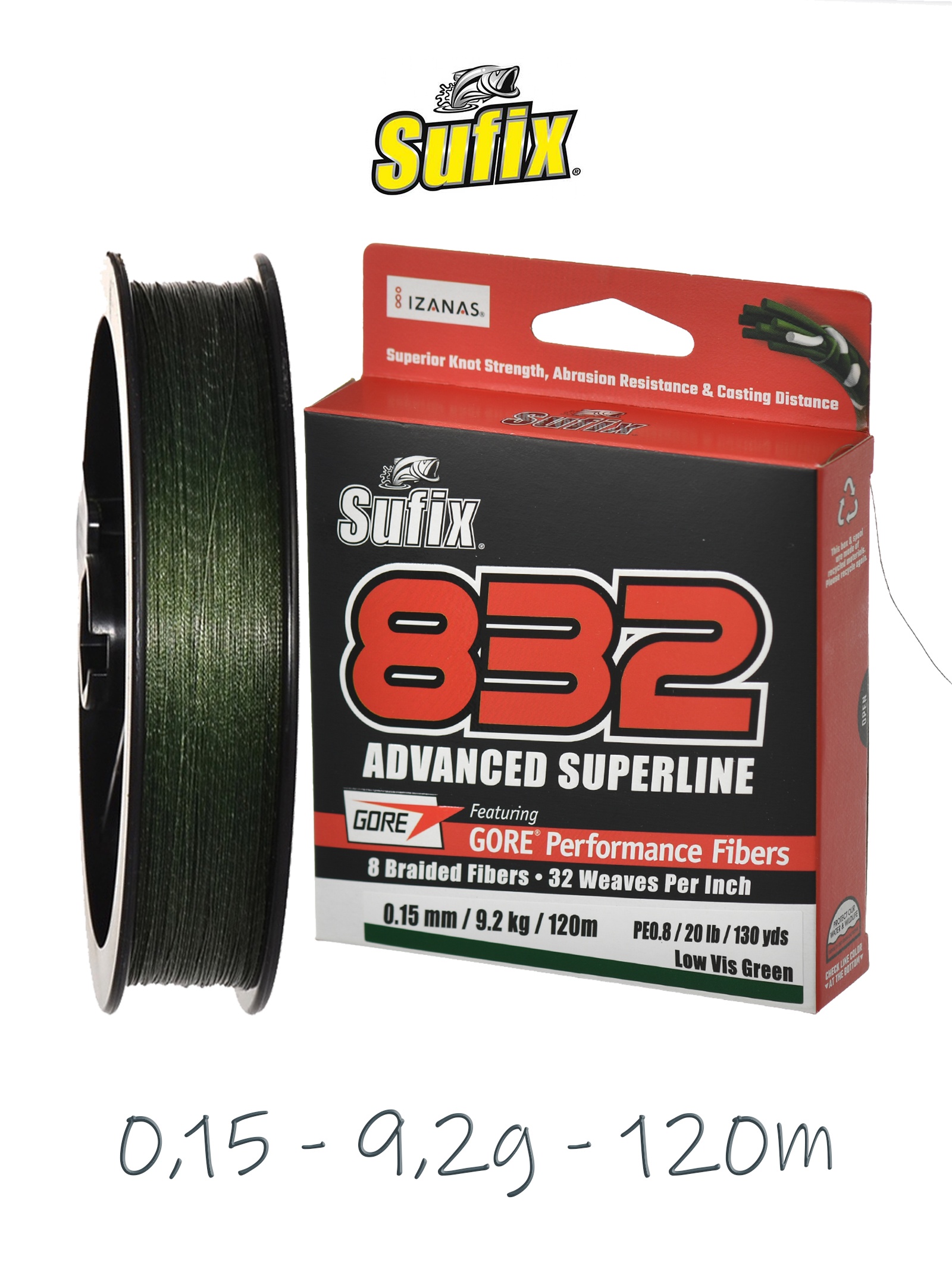 Sufix 832 Braid Lo Vis  0,15*120 Green